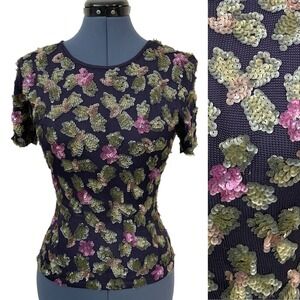 VTG Oscar de la Renta Floral Sequin Short Sleeve Mesh Top Glam Fairy Feminine PP